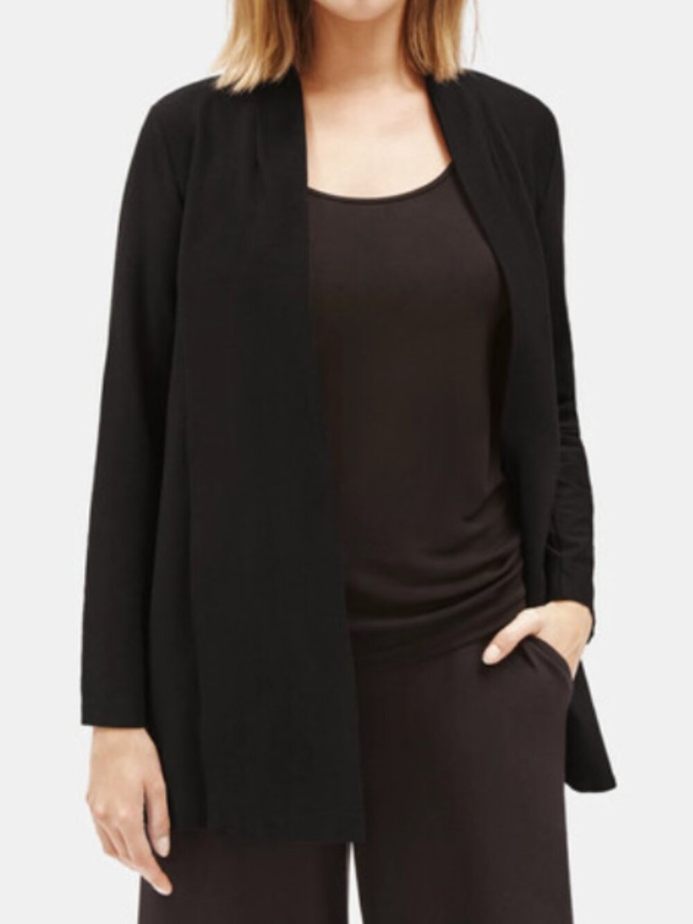 Eileen Fisher System Lightweight Washable Stretch Crepe Long Jacket Black Sz M
